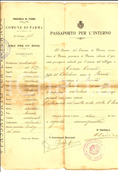 1915 PARMA Passaporto per l'Interno - Cesare CESARI calzolaio *Documento 1915 PARMA Passaporto per l'Interno - Cesare CESARI calzolaio *Documento